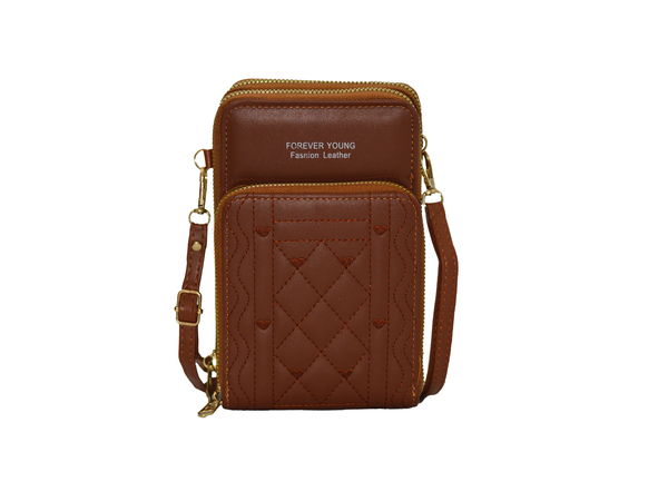 TRIPLE ZIPPER SLING CROSSBODY BAG BROWN